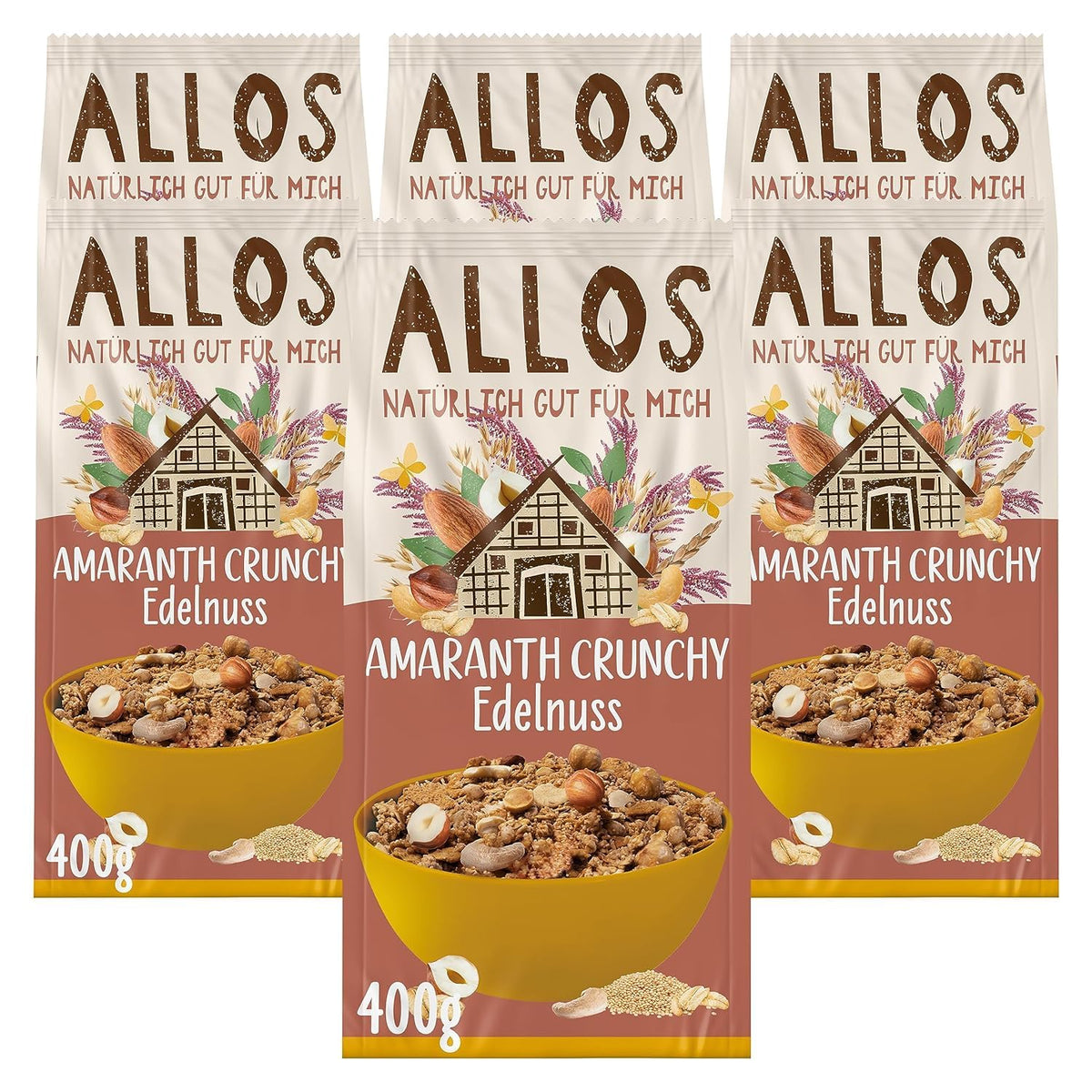 Premium crunchy müsli med valnødder og amaranth Allos | Økologisk müsli | Müsli med nødder | Havregryn | Korn til morgenmad | Vegansk | Pakke med 6 (6 x 400 g)