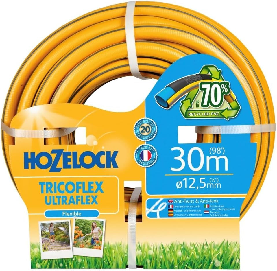 Furtun HOZELOCK - Ultramax 12,5 mm x 30 m, până la 70% PVC reciclat, robust, rezistent la intemperii, anti-răsucire, rezistent la îndoire și strivire, gri
