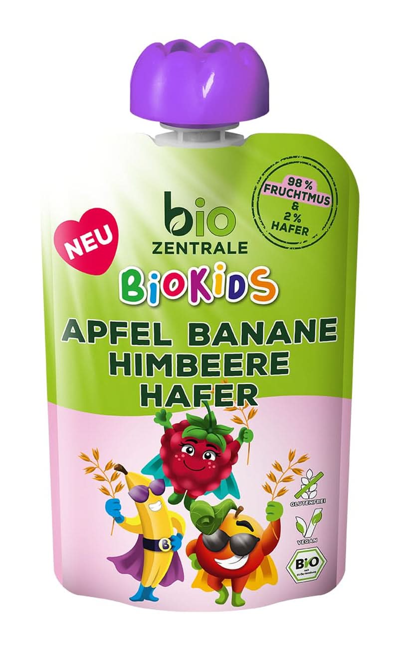 Biozentrale Biokids frugtmos æbler bananer hindbær havre | 12X90G | Frugt snack uden tilsat sukker | Vegansk mor og barn Naty Shop