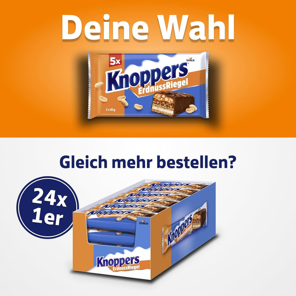 Knoppers Peanut Bar – 1 x 200 g (5 barer) – Mælkechokoladebar med peanutcreme, hakkede saltede peanuts, karamel og mælkechokolade