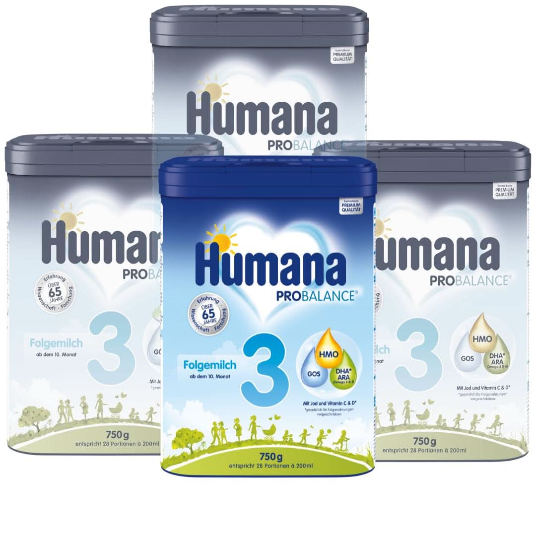 Humana PROBALANCE tilskudsmælk 3, fra 10. måned, mad til babyer efter amning, startmad eller tilskudsmælk 2, ideel til supplerende fodring, 750 g Mor og barn Naty Shop 4 x 750 gram