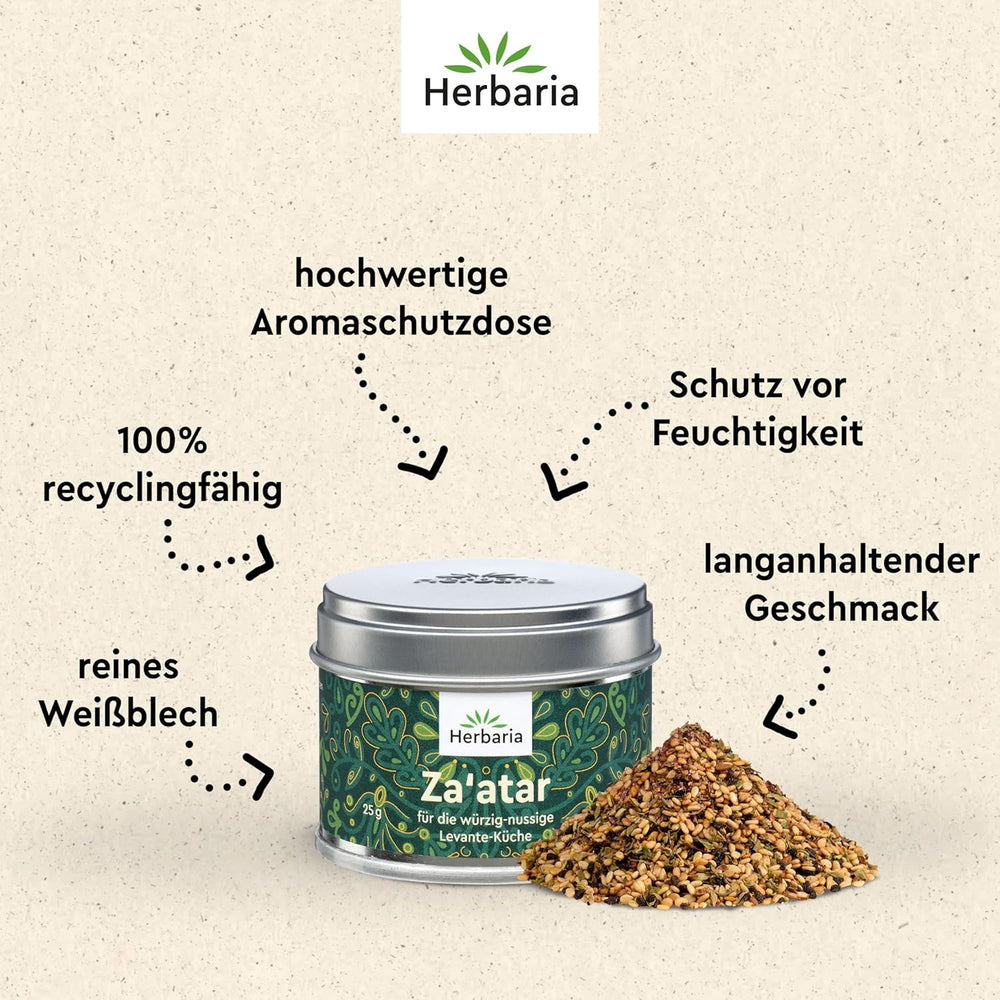 Herbaria Za'atar bio 25g S-Dose – Zaatar Gewürz, Zaatar Gewürz - orientalsk Organic-Gewürmischung für Gerichte der Levante Küche - mit erlesenen Ingrediens - i nachhaltiger Aromaschutz-Dose