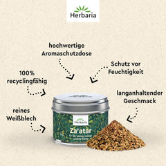 Herbaria Za'atar bio 25g S-Dose – Zaatar Gewürz, Zaatar Gewürz - orientalsk Organic-Gewürmischung für Gerichte der Levante Küche - mit erlesenen Ingrediens - i nachhaltiger Aromaschutz-Dose