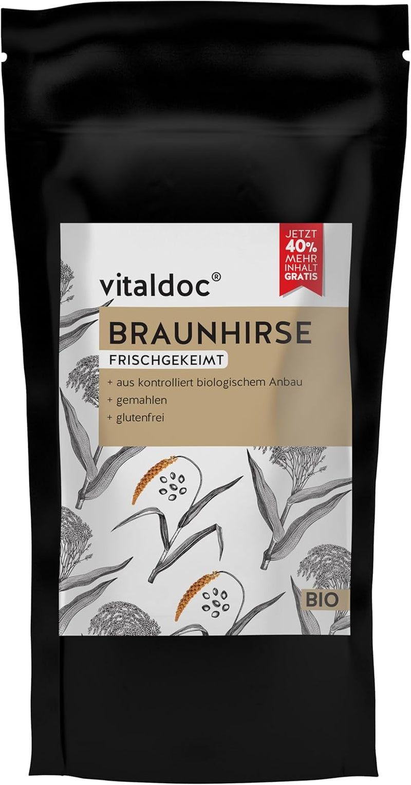 vitaldoc© | Økologisk brun hirse, nyspiret 250g + 100g | Rå mad | Glutenfri | Vegansk | Økologisk | Rig på naturligt silicium | Kvalitet
