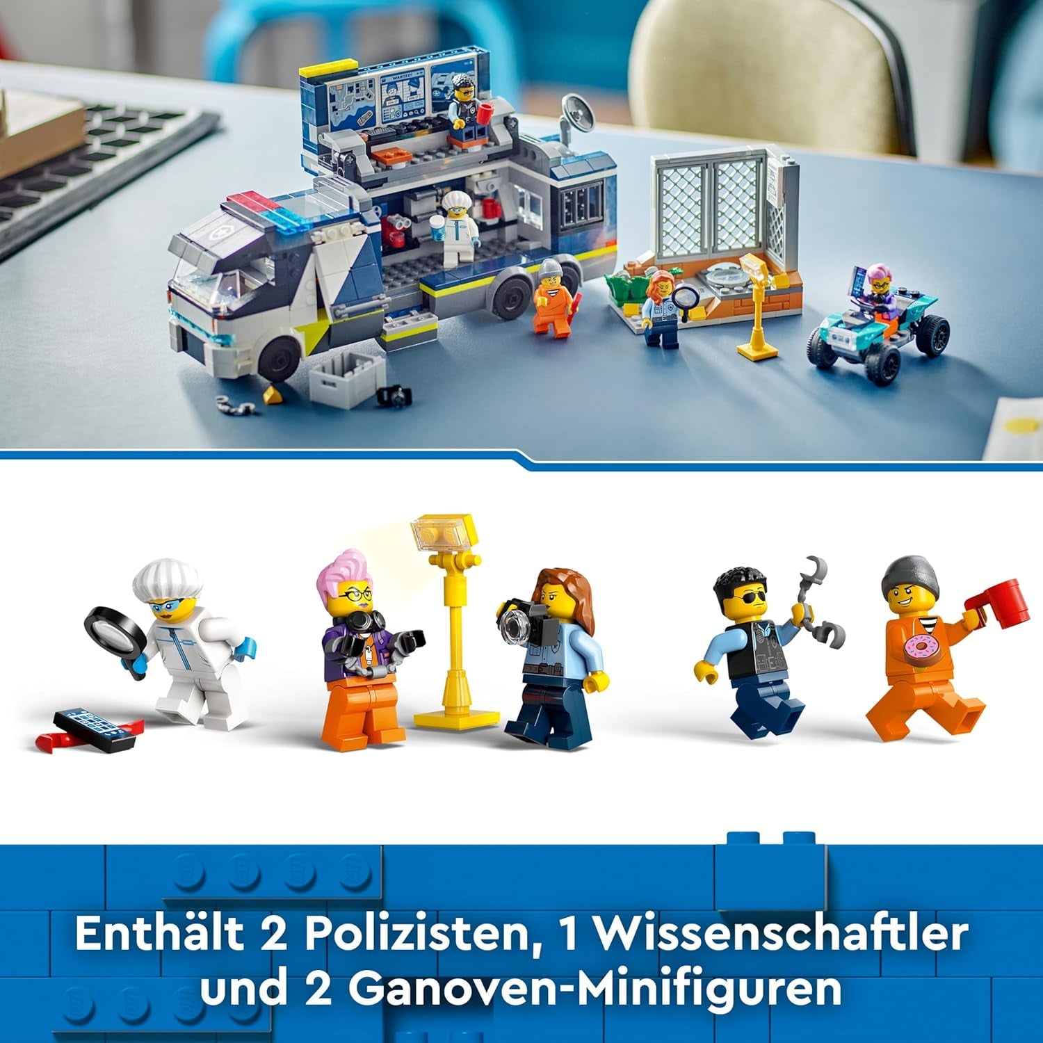LEGO City politibil med laboratorium, 4 politisæt og legetøjsvogn til børn, gave til drenge og piger fra 7 år og opefter, plus 5 minifigurer - 2 politimænd, 1 videnskabsmand og 2 skurke 60418 byggesæt Beuche den LEGO-Store