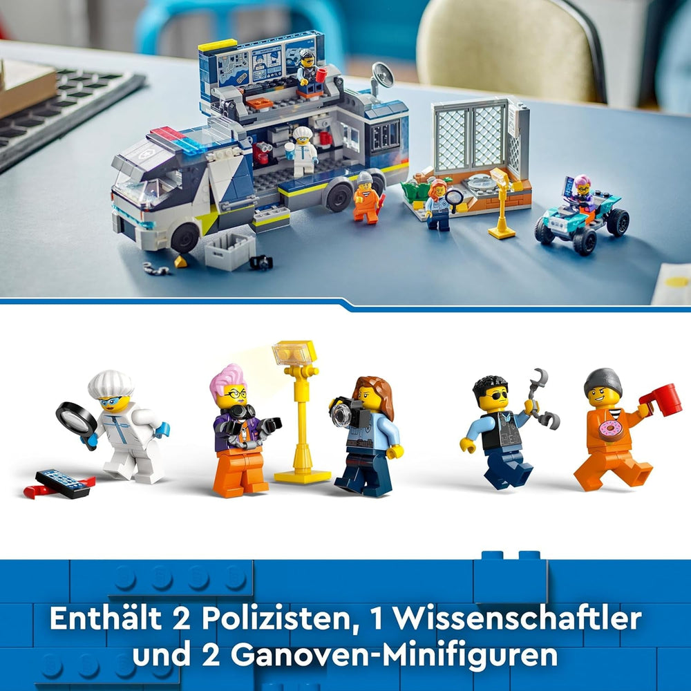 LEGO City politibil med laboratorium, 4 politisæt og legetøjsvogn til børn, gave til drenge og piger fra 7 år og opefter, plus 5 minifigurer - 2 politimænd, 1 videnskabsmand og 2 skurke 60418 byggesæt Beuche den LEGO-Store