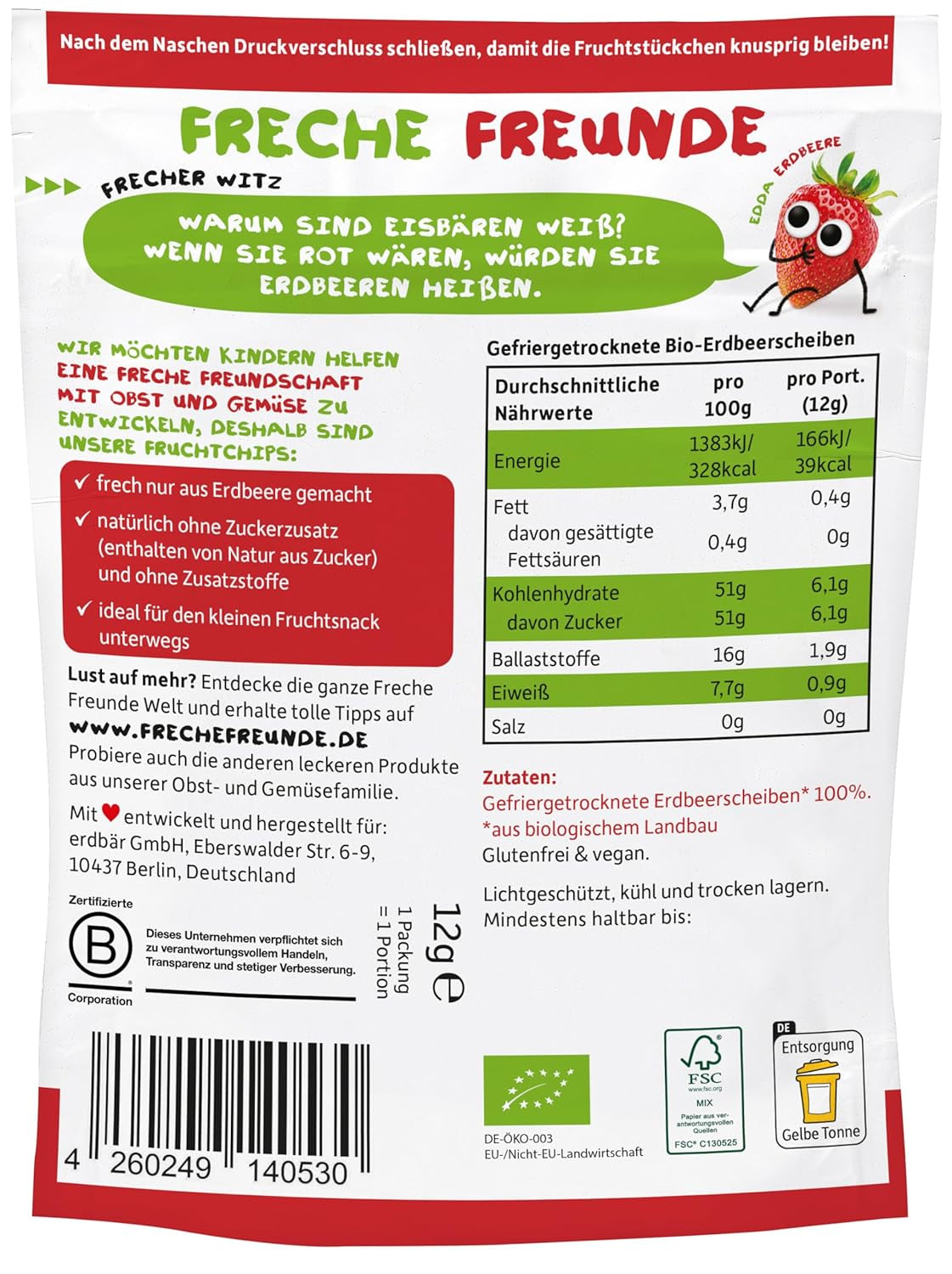 FRECHE FREUNDE Økologiske jordbærfrugtchips, frysetørrede frugtchips, naturligt skåret tørret frugt uden tilsat sukker, vegansk, laktosefri, glutenfri, pakke med 12 (12 x 12g)