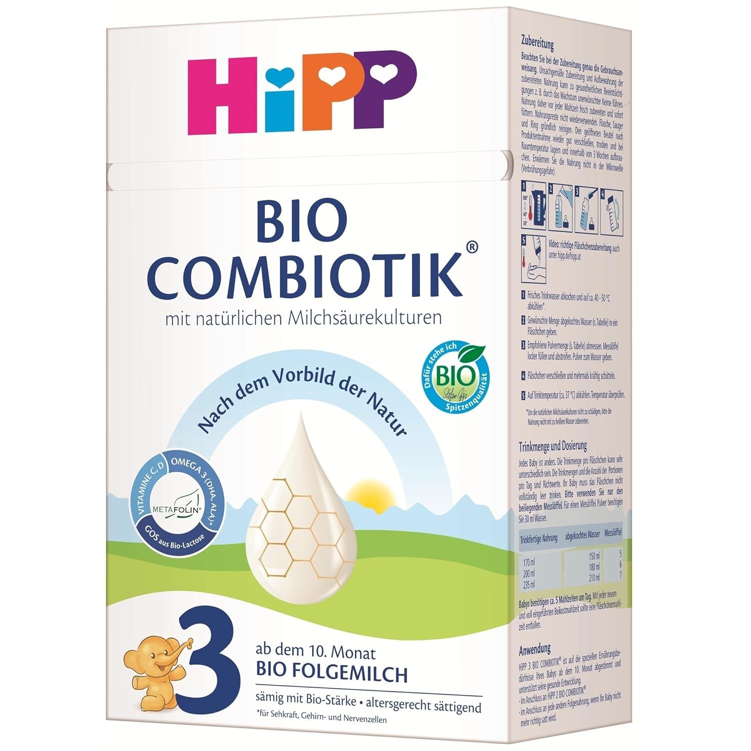 HiPP 3 Økologisk Combiotik (4 x 600 g), tilskudsmælk fra 10 måneder, med naturlige kulturer af mælkesyre, vitamin C og D, GOS, Omega-3 (DHA, ALA), af bedste økologiske kvalitet