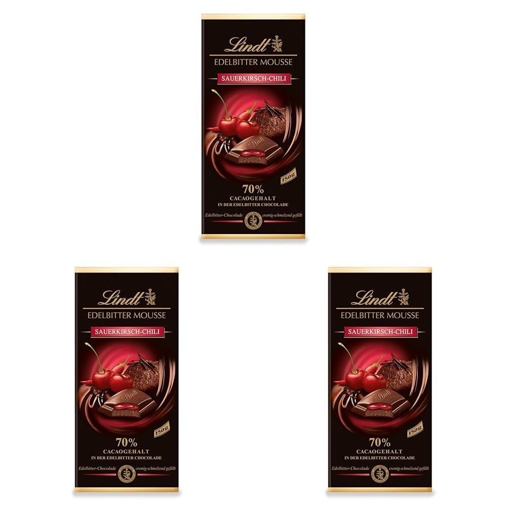 Lindt mørk chokolademousse med chili og kirsebær | Bar 150g | Med 70% kakaoindhold og mørk chokolademoussefyld og kirsebær chili | Chokoladebar | Mørk chokolade