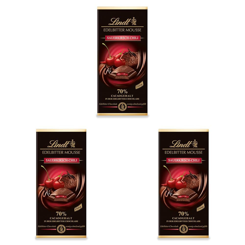 Lindt mørk chokolademousse med chili og kirsebær | Bar 150g | Med 70% kakaoindhold og mørk chokolademoussefyld og kirsebær chili | Chokoladebar | Mørk chokolade