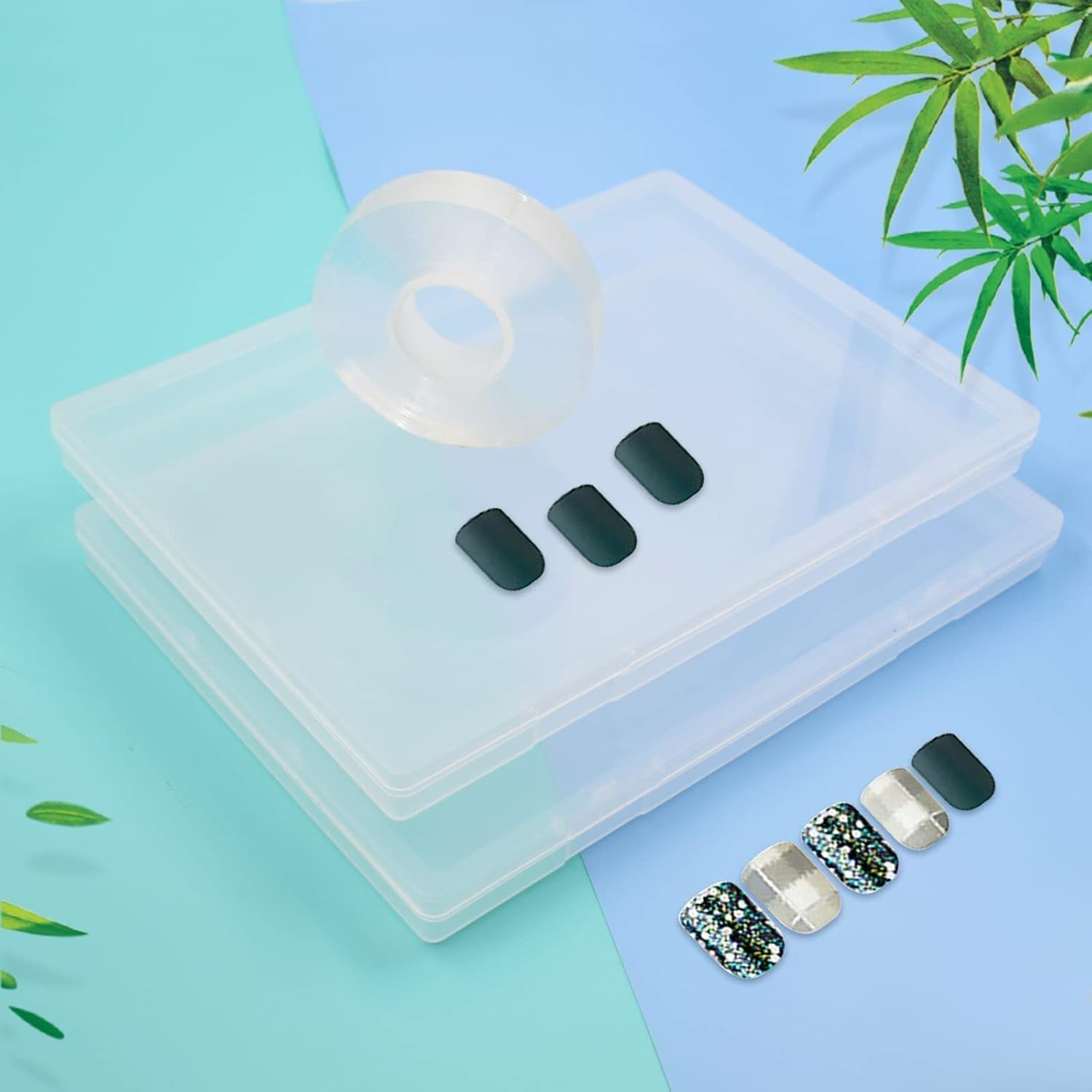 Cutie de depozitare pentru unghii artificiale cu 2 bucăți de bandă adezivă dublu adezivă de 30 cm, cutie transparentă dreptunghiulară, cutii de ambalare din plastic, recipient pentru vârfuri de unghii, unghii artificiale, 21,8 x 15,5 cm