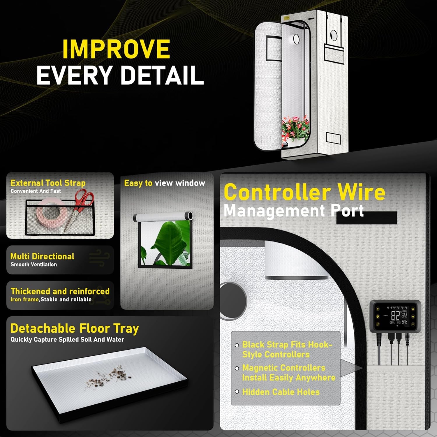 Grow Telt 60x60x180cm, Oxford 600D Materiale med Polyester Reflekterende Film, 22mm stålrør, ventilationsåbninger og udsigtsvinduer, Grow Telte til Hydroponics, drivhuse og indendørs haver