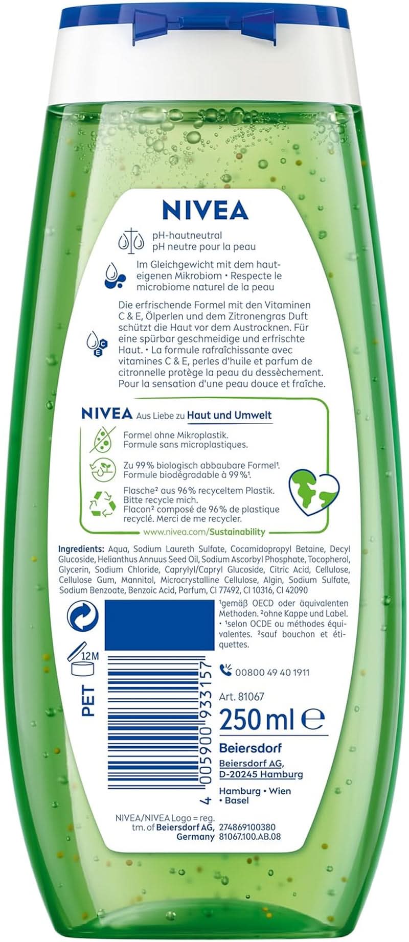 Gel de duș NIVEA Lemon Grass And Oil, 250 ml Duș și baie Naty Shop