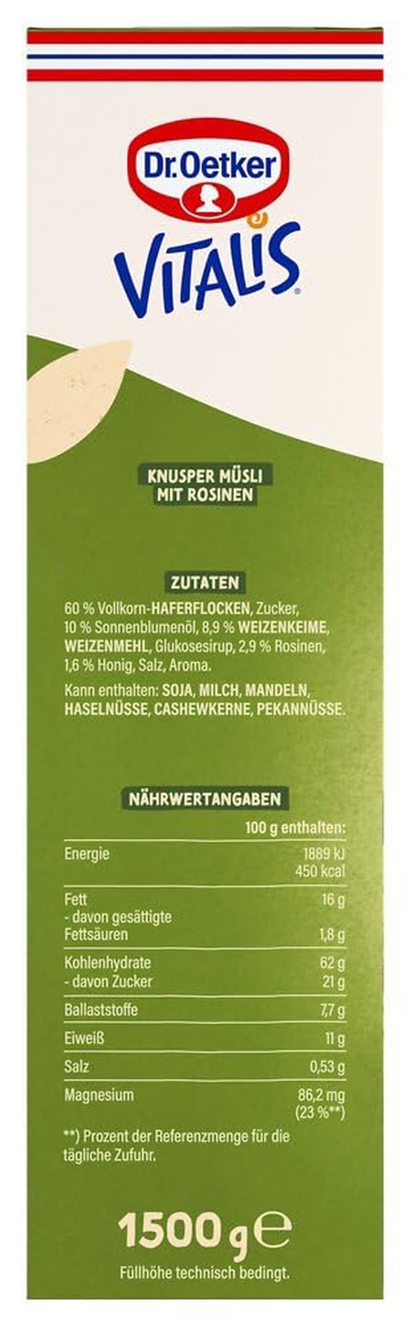 Dr. Oetker Vitalis Classic Crispy Mysli: Stor pakke sprød morgenmadsmüsli med rosiner, 1 pakke, 1,5 kg