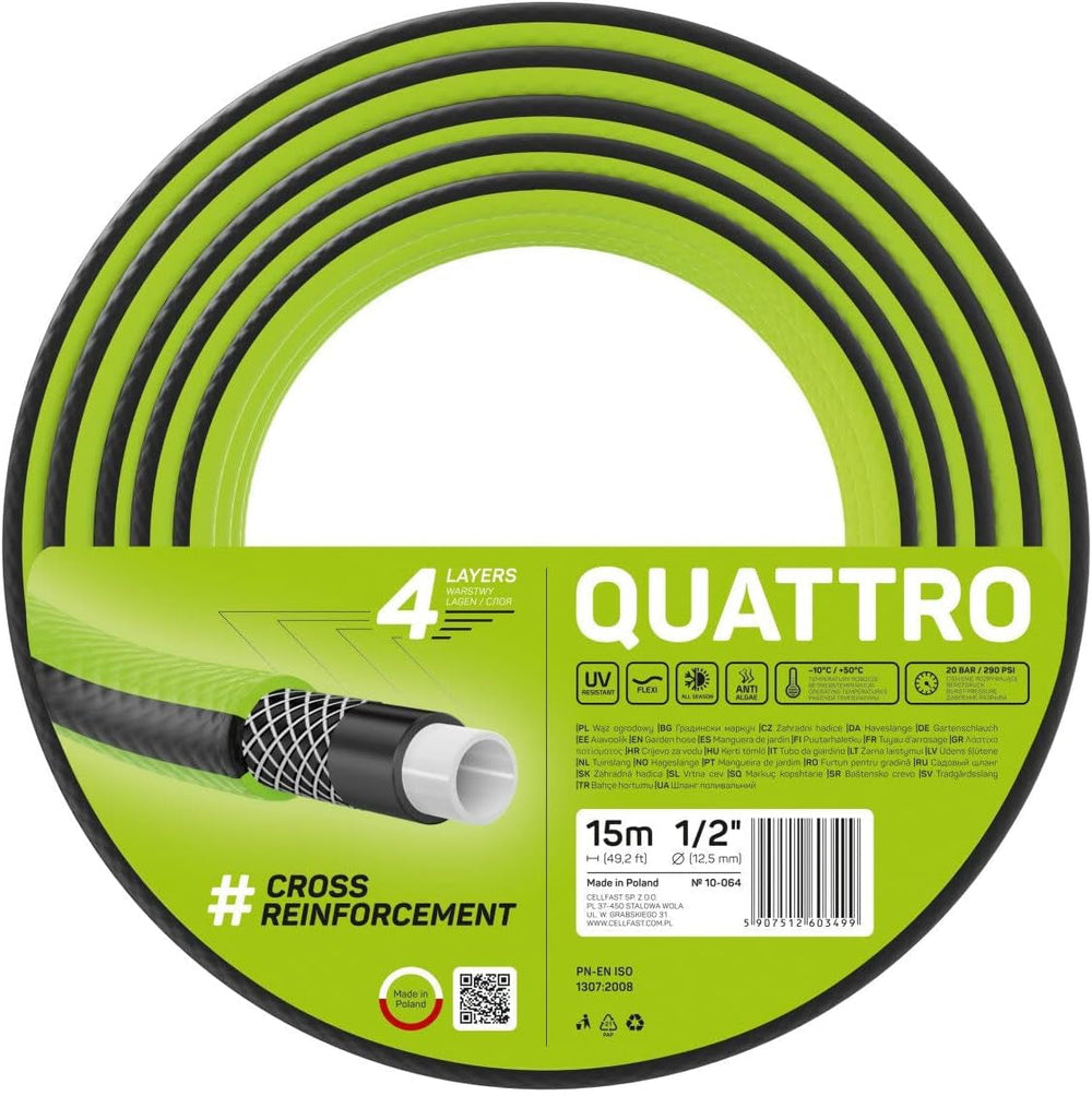 Furtun de grădină Cellfast QUATTRO, durabil, ușor, cu 4 straturi, rezistent la UV, furtun din fire, împletitură încrucișată, 20 bar, 1/2" 15m, 10-064