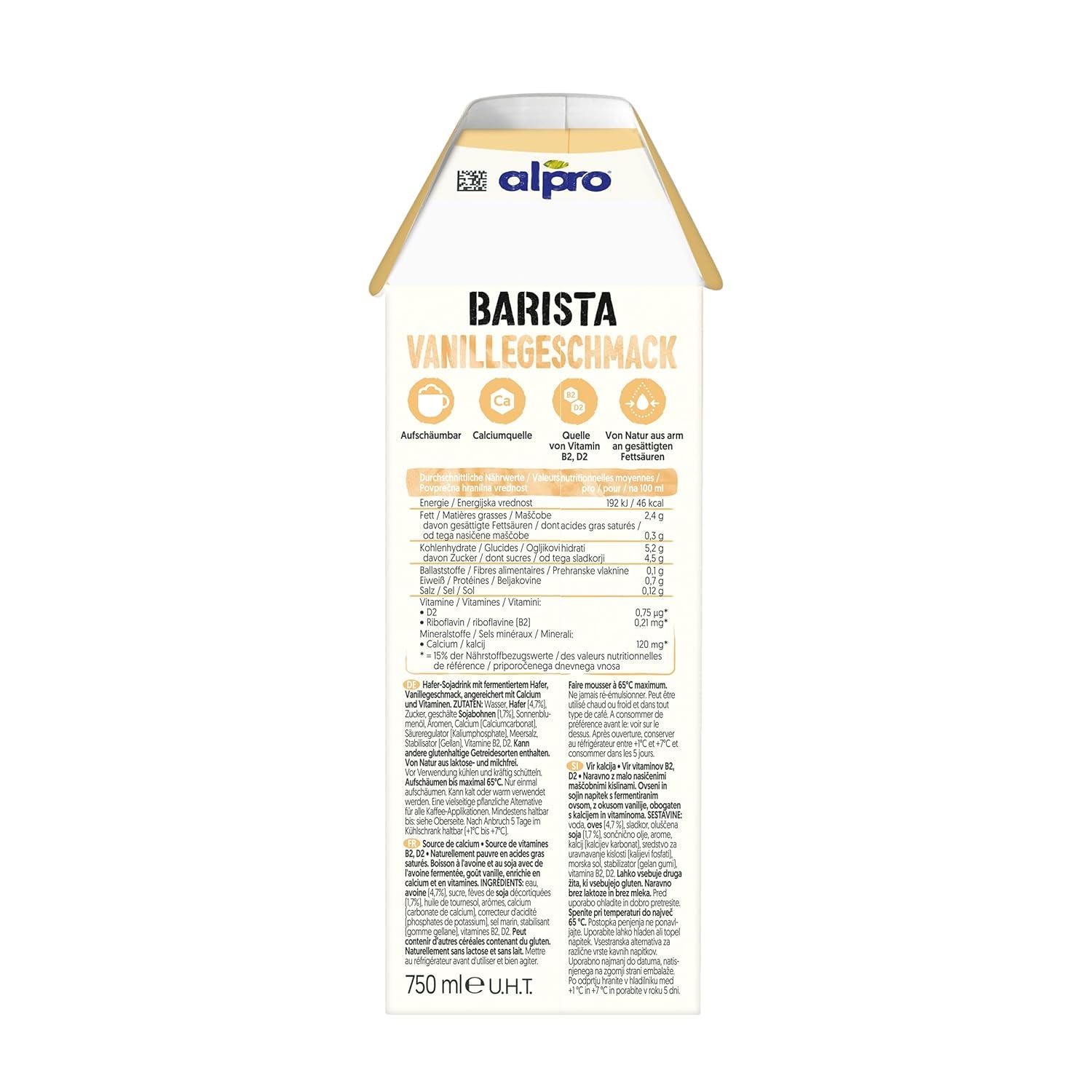 Alpro Barista Vanille – Zum Aufschäumen – Von Natur aus laktosefrei – Reich an Ballaststoffen, Calcium und Vitaminen – 8 x 750 ml – Haltbar