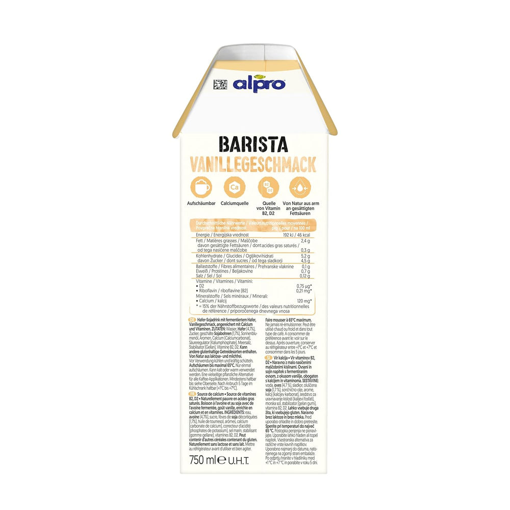 Alpro Barista Vanille – Zum Aufschäumen – Von Natur aus laktosefrei – Reich an Ballaststoffen, Calcium und Vitaminen – 8 x 750 ml – Haltbar