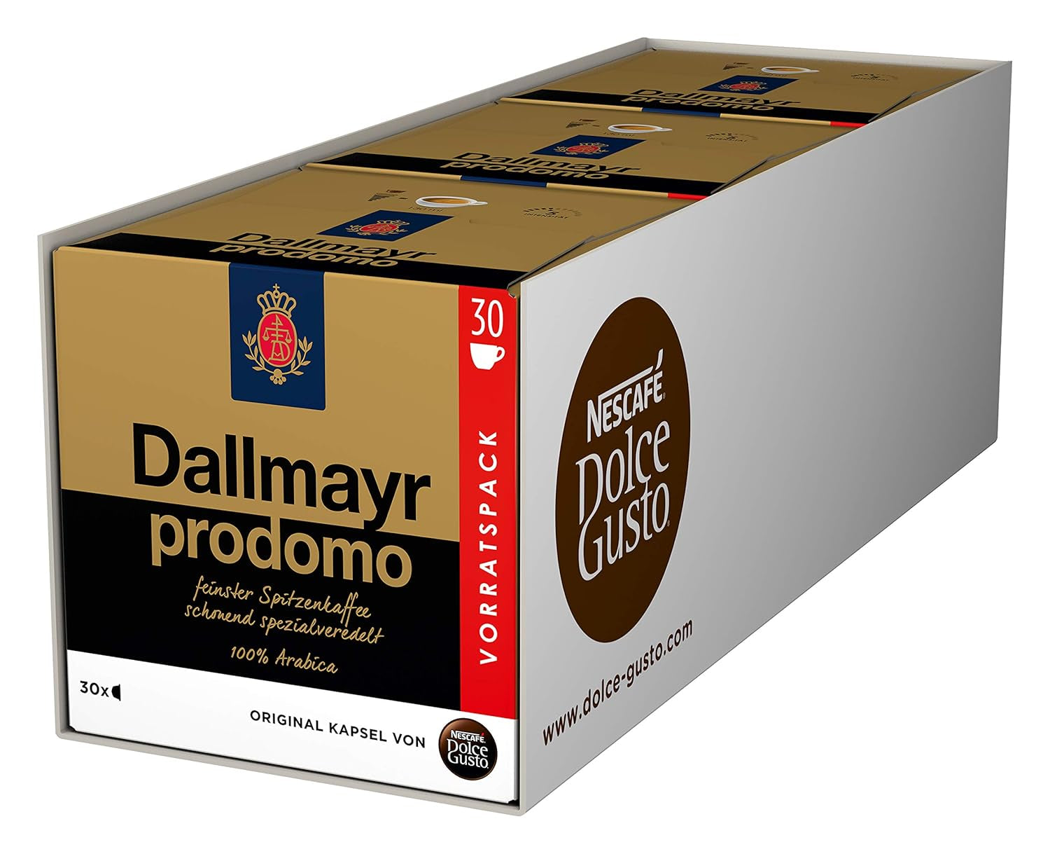 NESCAFÉ Dolce Gusto Dallmayr Prodomo, XXL-Vorratsbox, 90 Kaffeekapseln (3 x 30 Kapseln) & Dallmayr Crema d'Oro Caffè Latte (48 Kaffeekapseln, 48 Getränke, cremig&ausgewogen) 3er Pack (3 x 16 Kapseln)
