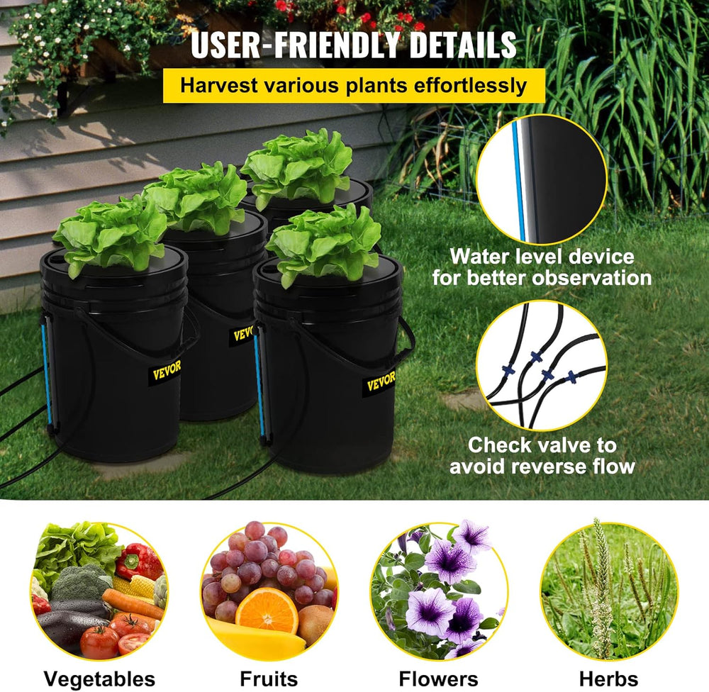 VEVOR DWC Hydroponic Grow System, Hydroponic Grow Systems, Dybvandsdyrkning 4 20 liters spande, DWC System med luftpumpe, luftsten og vandstandsindikator til bladgrøntsager