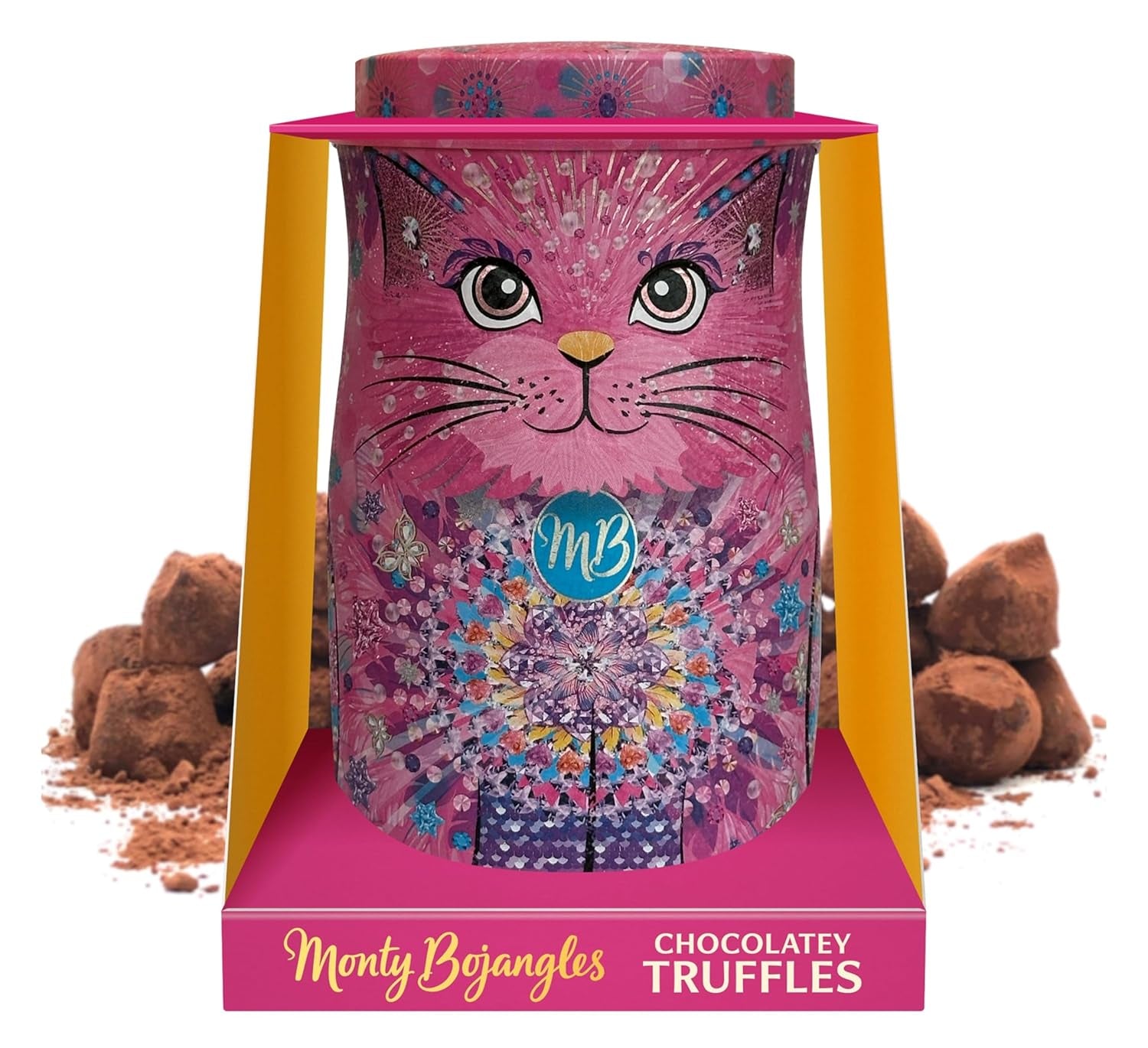 Monty Bojangles Savanna Gold Chokoladetrøfler (135 g) Kakaopulverpralingavesæt i en individuel kattedesign-samleræske Flutter Scotch-smag