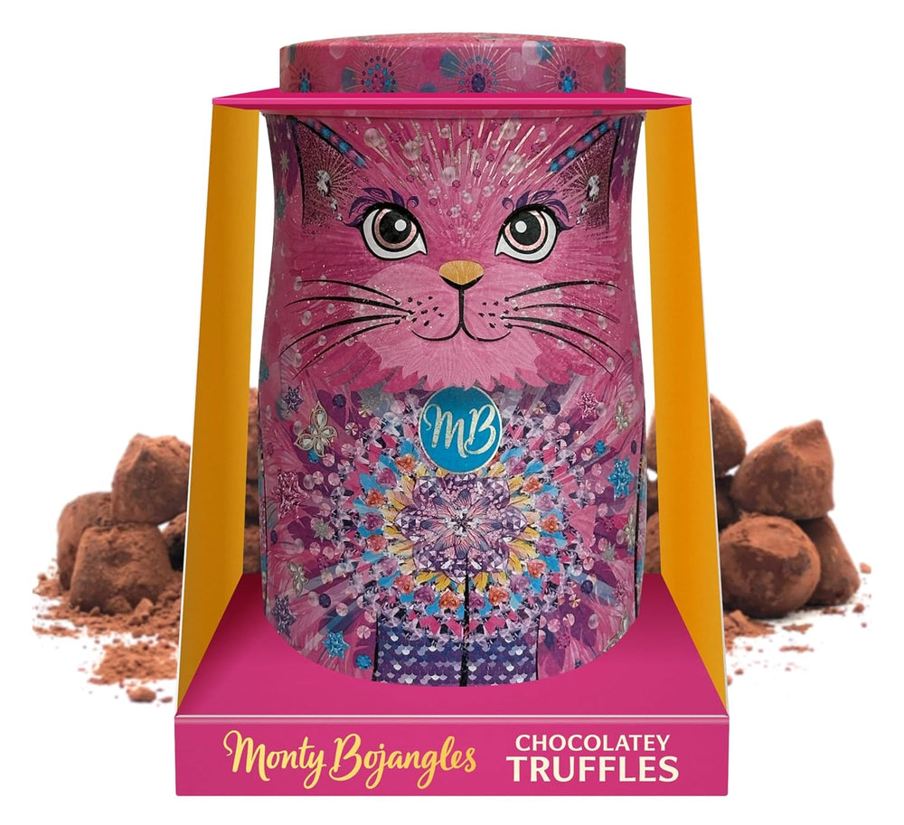 Monty Bojangles Savanna Gold Chokoladetrøfler (135 g) Kakaopulverpralingavesæt i en individuel kattedesign-samleræske Flutter Scotch-smag