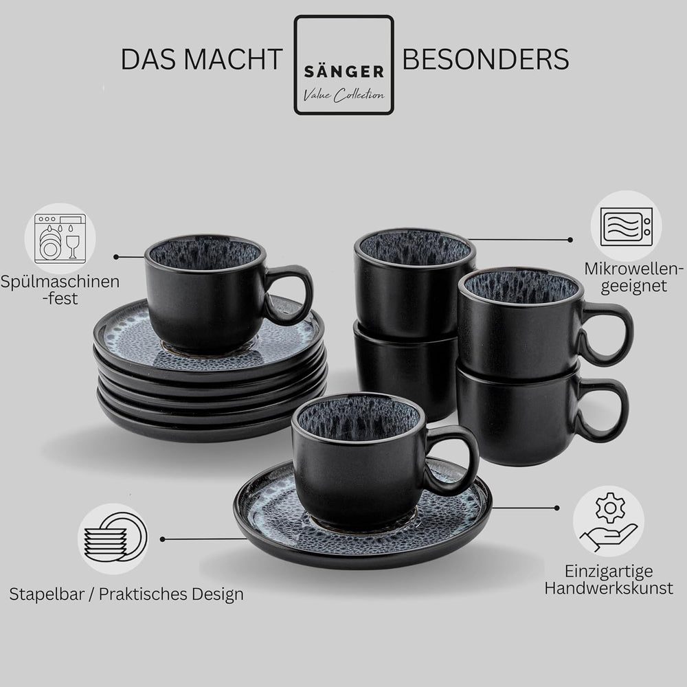 SÄNGER Sydney | Set de 12 căni de espresso din gresie, set de căni Mocha pentru 6 persoane, căni și farfurioare, potrivit pentru mașina de spălat vase și cuptorul cu microunde, gri închis, 80 ml | COLECȚIA VALUE
