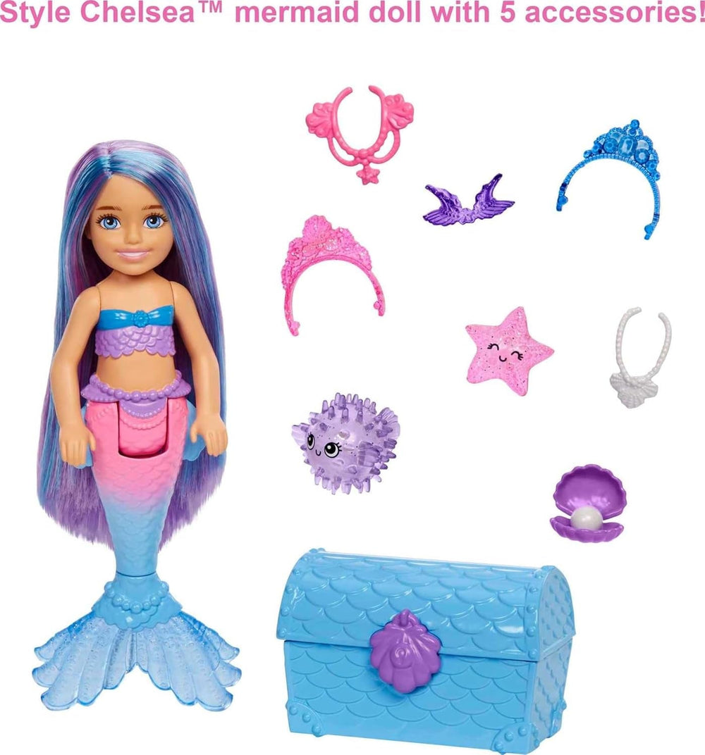 Barbie Mermaid Power, păpușă Chelsea, păpușă sirenă, Chelsea cu păr albastru și violet, coroană, coadă de sirenă, accesoriu, cadou pentru copii de la 3 ani, Hhg57 Papusi Naty Shop