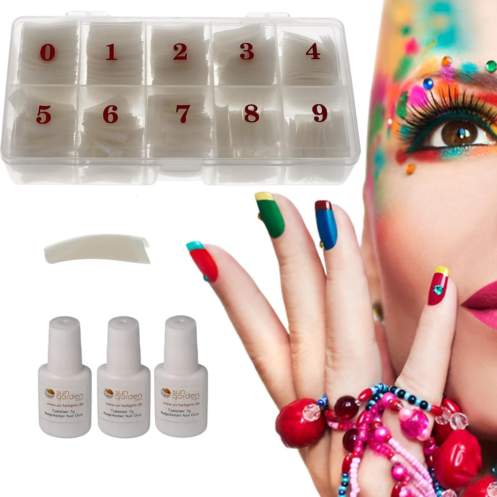 Sun Garden Nails Tipbox 500 Tips Incl. 3 Tips Glue Tips Nail Tips Glue - Modelare Unghii