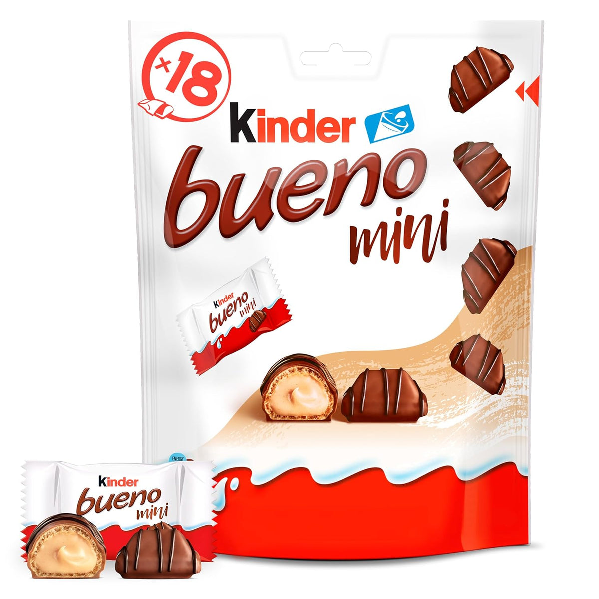Kinder Bueno Mini - Crunchy Wafer chokoladebarer, mælkecreme og hasselnødder og fin mælkechokolade - Karnevalsgodbidder - 1 pose mini individuelt indpakkede stænger (1 x 108 g)