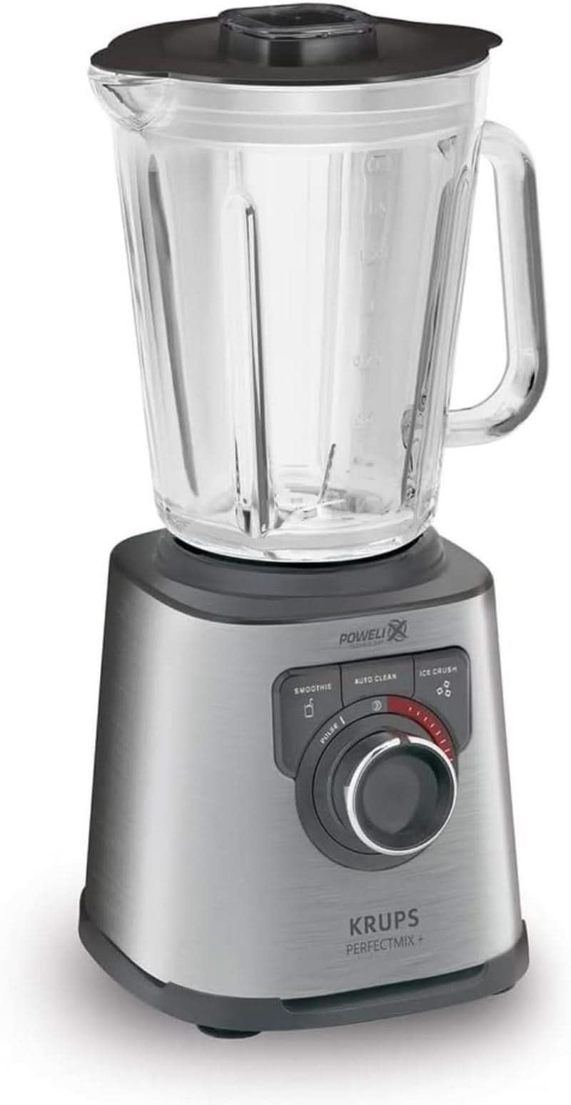 Krups KB403D Perfectmix + Hochleistungsstandmixer | 1.200W | 28.000 RPM | 2L glasbeholdere | 3 forudindstillede programmer | Powelix- Technologie | Edelstahl/Dunkelgrau Køkken Naty Shop Edelstahl/Dunkelgrau