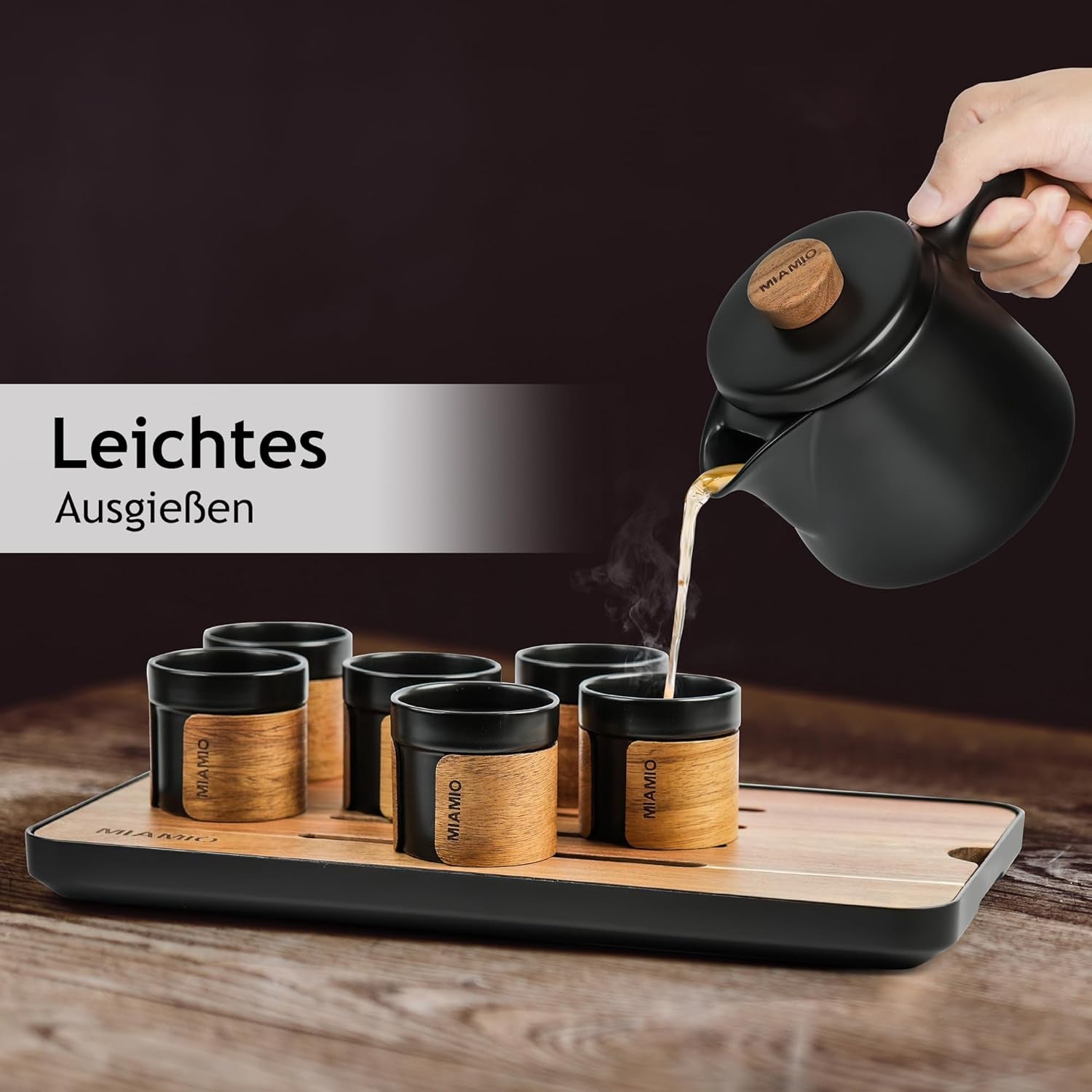 MIAMIO - Set de ceai japonez/chinezesc 6 x 100 ml / Ceainic asiatic 620 ml cu infuzor de ceai, Set tradițional japonez de ceainic pentru iubitorii de ceai/bărbați/femei (negru)