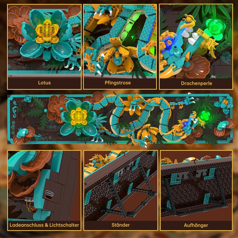 Kit de construcție cu plăci de dragon mitic pentru adulți, jucărie de construcție artistică 3D Divine Loong cu lumini LED și flori, kit de model DIY cu relief de dragon, cadouri creative și decorațiuni (1676 piese)