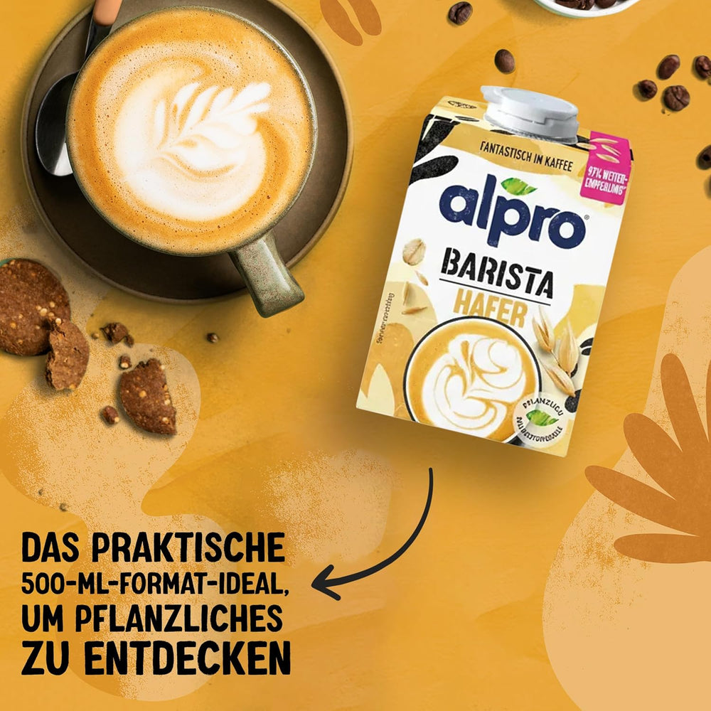 Alpro Barista Haferdrink – Zum Aufschäumen – Vegan und milchfrei – Von Natur aus lactosefrei – Rich an Ballaststoffen, Calcium og Vitaminen – 8 x 1 L – Haltbar