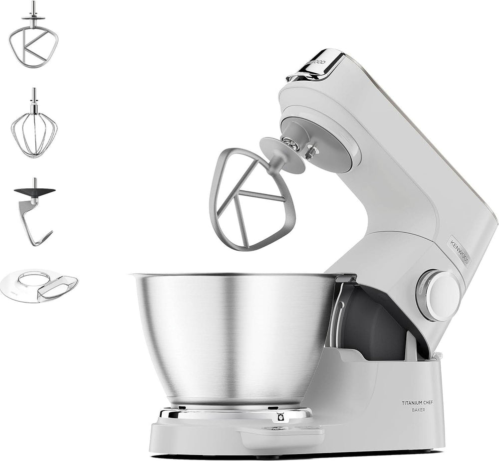 Kenwood Titanium Chef Baker KVC65.001WH, Küchenmaschine Mit Integrierter Waage, 1200 Watt, Inkl. 3-Teiligem Patisserie-Set, Spatel & Spritzschutz, Weiß Mor og Barn Naty Shop Weiß Chef Bager
