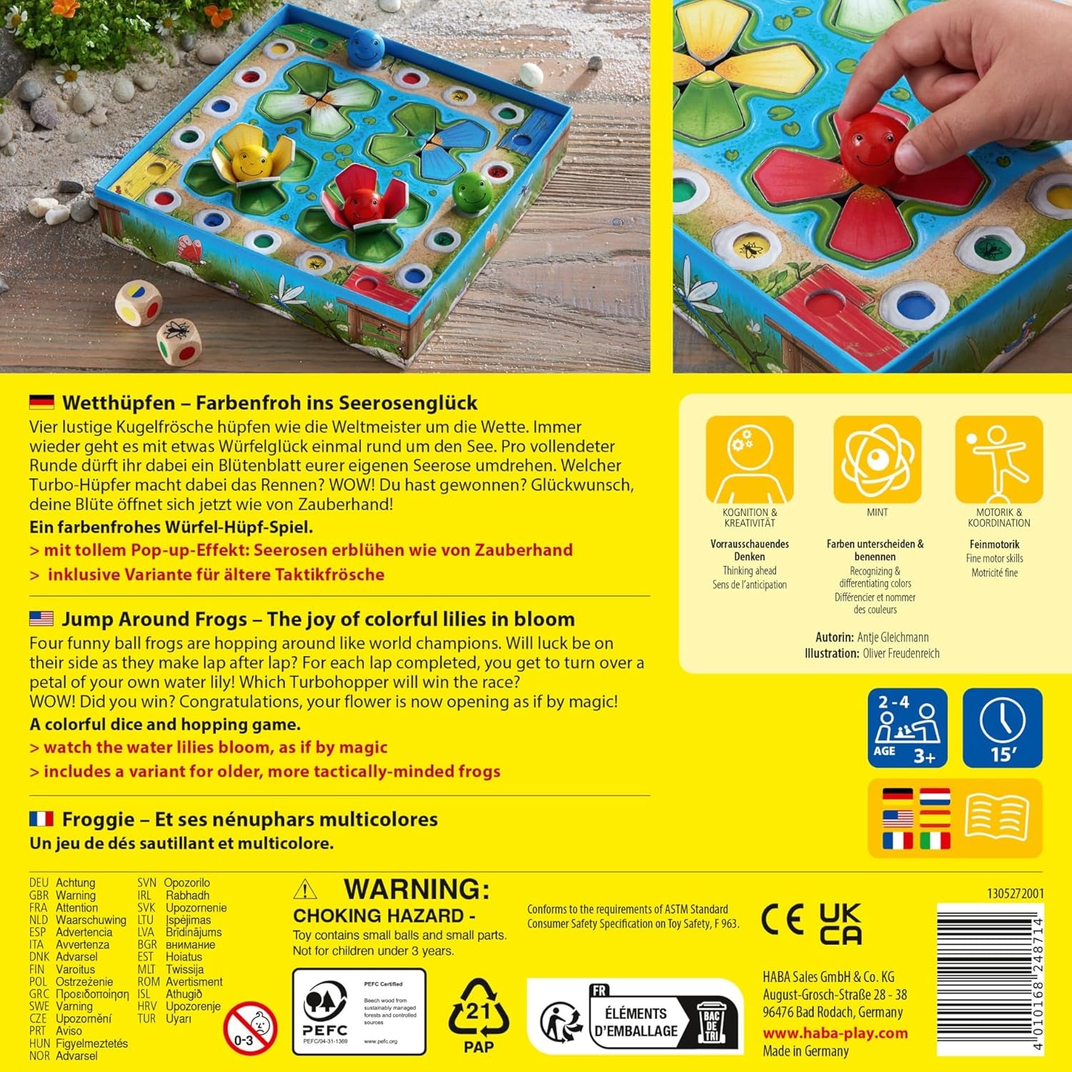 HABA Jumping Game - Terningespil for 3 år og opefter med pop-up åkander og spilvariationer, fremmer tælle og motoriske færdigheder, 2-4 spillere - 1305272001