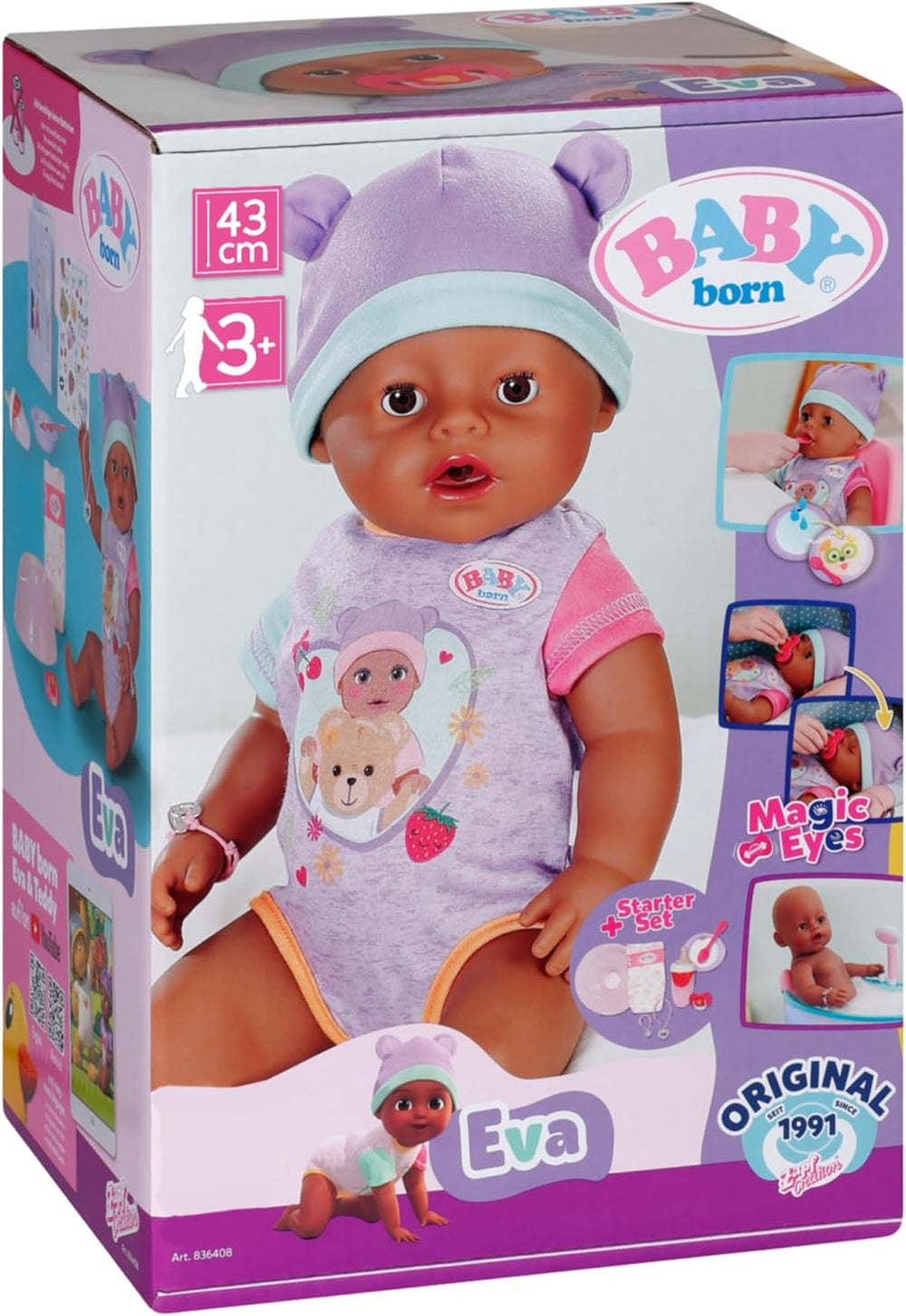 BABY Born Eva - păpușă bebeluș 43 cm - 10 funcții, inclusiv accesorii și saltea - Funcționează complet fără baterii - Potrivită pentru copii cu vârsta de 3 ani și peste