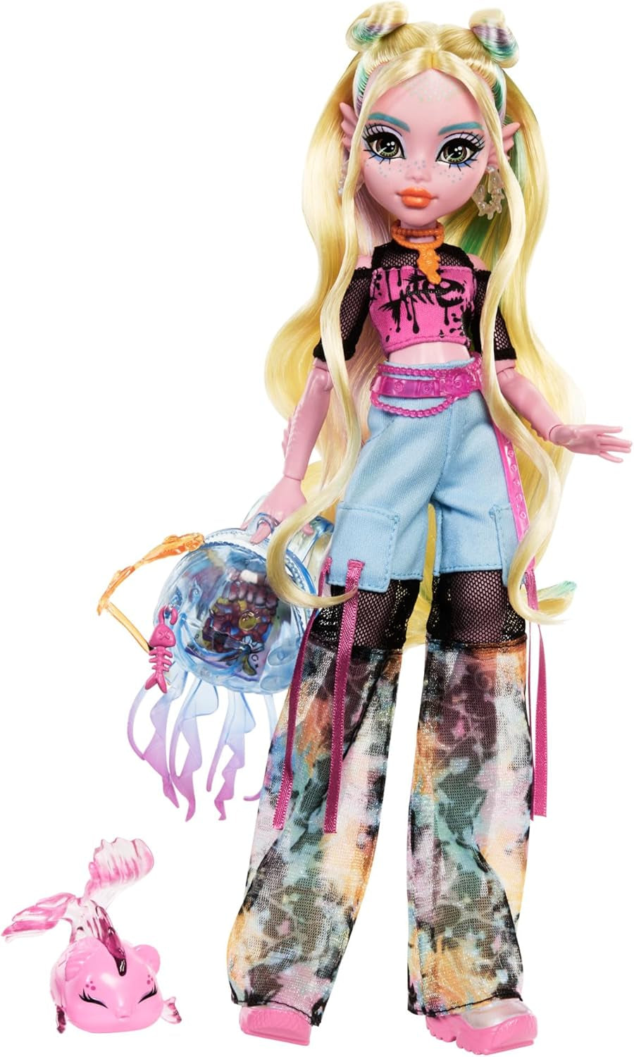Păpușă MONSTER HIGH Lagoona Blue - hanorac roz, pantaloni scurți de bicicletă batik, sandale cu platformă, aripioare, accesorii, pentru copii cu vârsta peste 4 ani, HHK55 Papusi Naty Shop Lagoona albastru cu Neptuna
