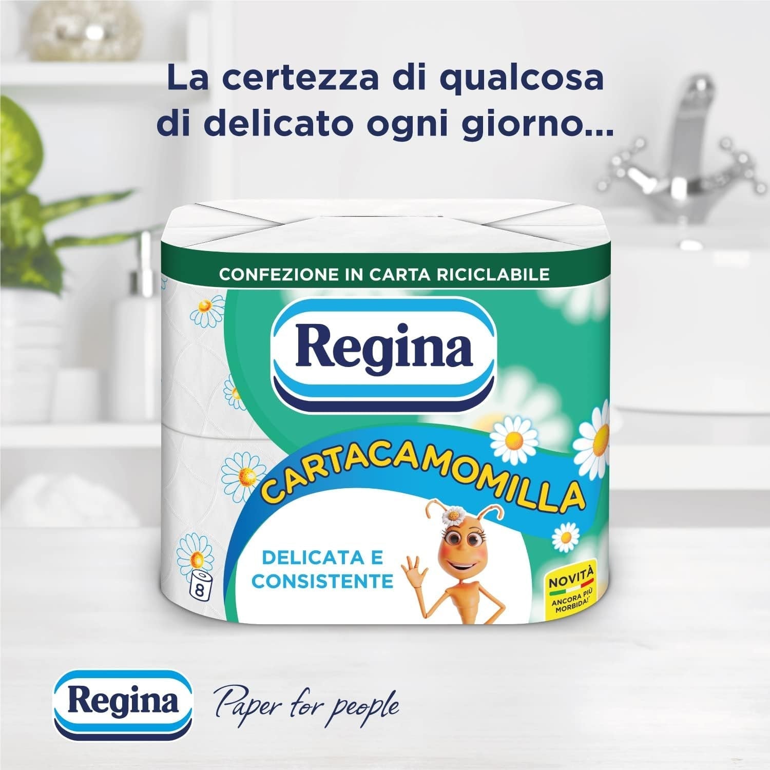 Regina Cartacamomilla - 8 role hârtie igienică, 300 foi pufoase, 3 straturi, moale și consistentă, ambalaj din hârtie reciclabilă
