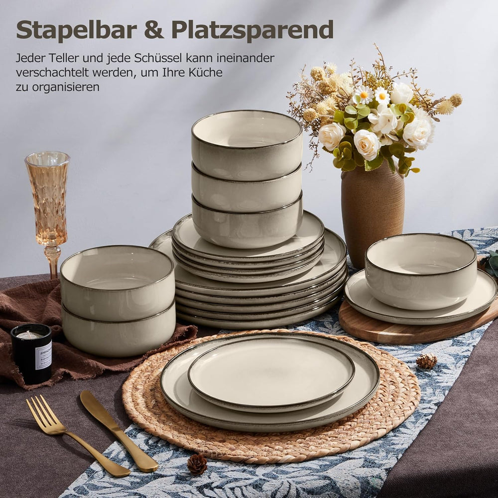 Set de veselă pentru 6 persoane, serviciu de cină din gresie cu 18 piese, set combinat, 6 farfurii de cină, 6 farfurii de desert, 6 boluri pentru cereale, antizgârieturi și potrivit pentru cuptorul cu microunde - Karst Khaki