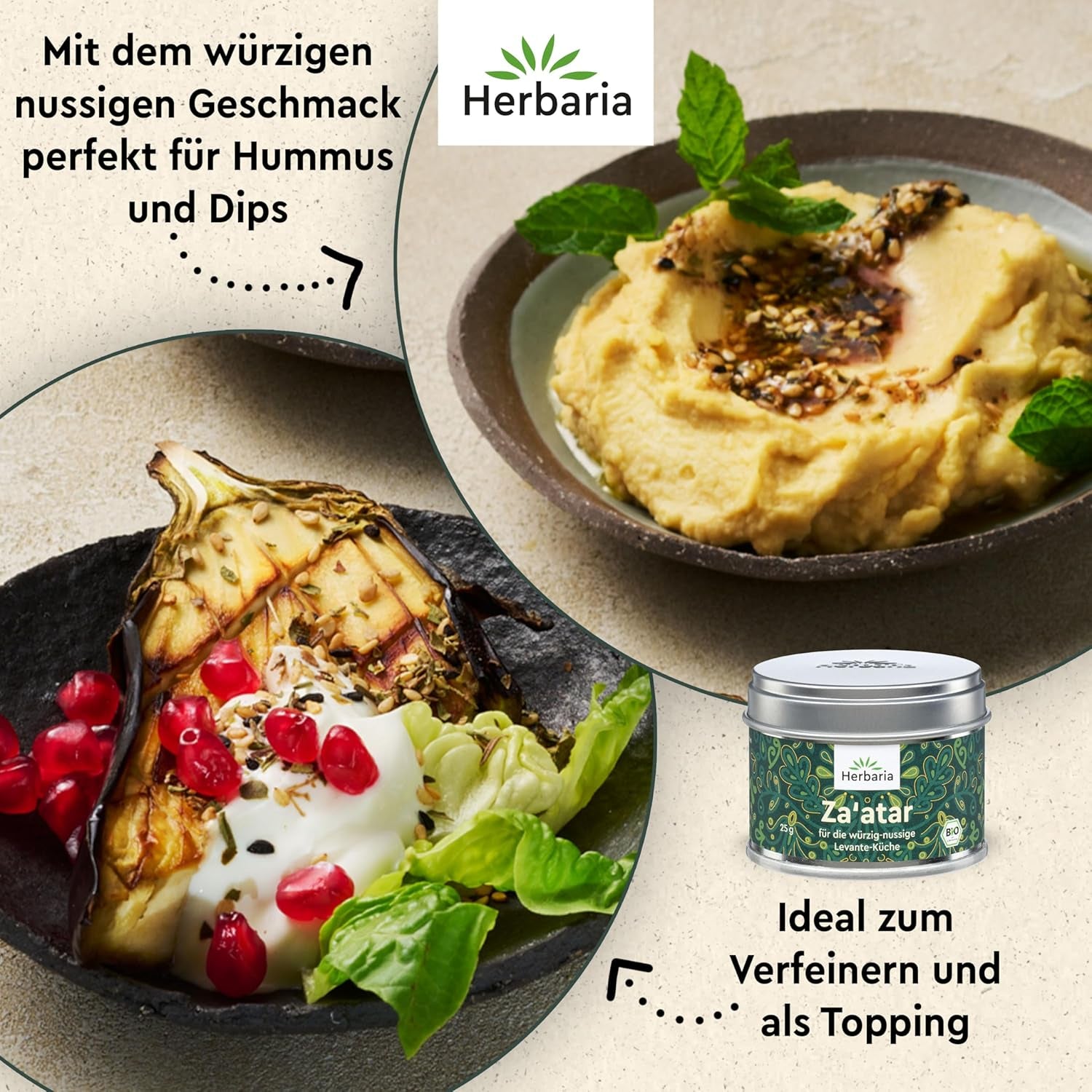 Herbaria Za'atar bio 25g S-Dose – Zaatar Gewürz, Zaatar Gewürz - orientalsk Organic-Gewürmischung für Gerichte der Levante Küche - mit erlesenen Ingrediens - i nachhaltiger Aromaschutz-Dose