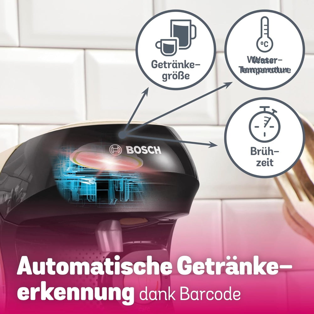 Espressor cu capsule Bosch Tassimo Happy Friendly TAS107E, peste 70 de băuturi, potrivit pentru toate tipurile de cești, oprire automată, sustenabil, dozare perfectă, economie de spațiu, 1400 W, crem/negru