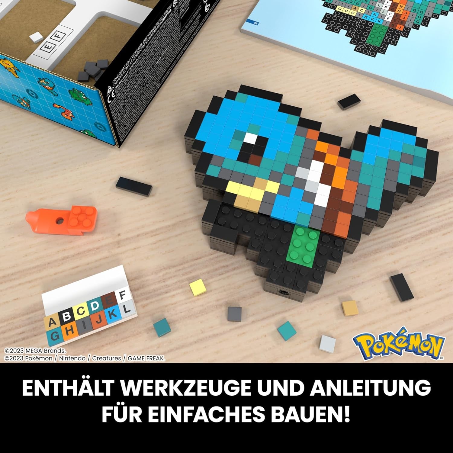 MEGA Pokémon Schiggy - sammenbygget figur i retro-look, Pixel Art, 15 cm stor, inklusive Basis zur Wallmontage, for Erwachsen og erfahren Sammler, HTH77