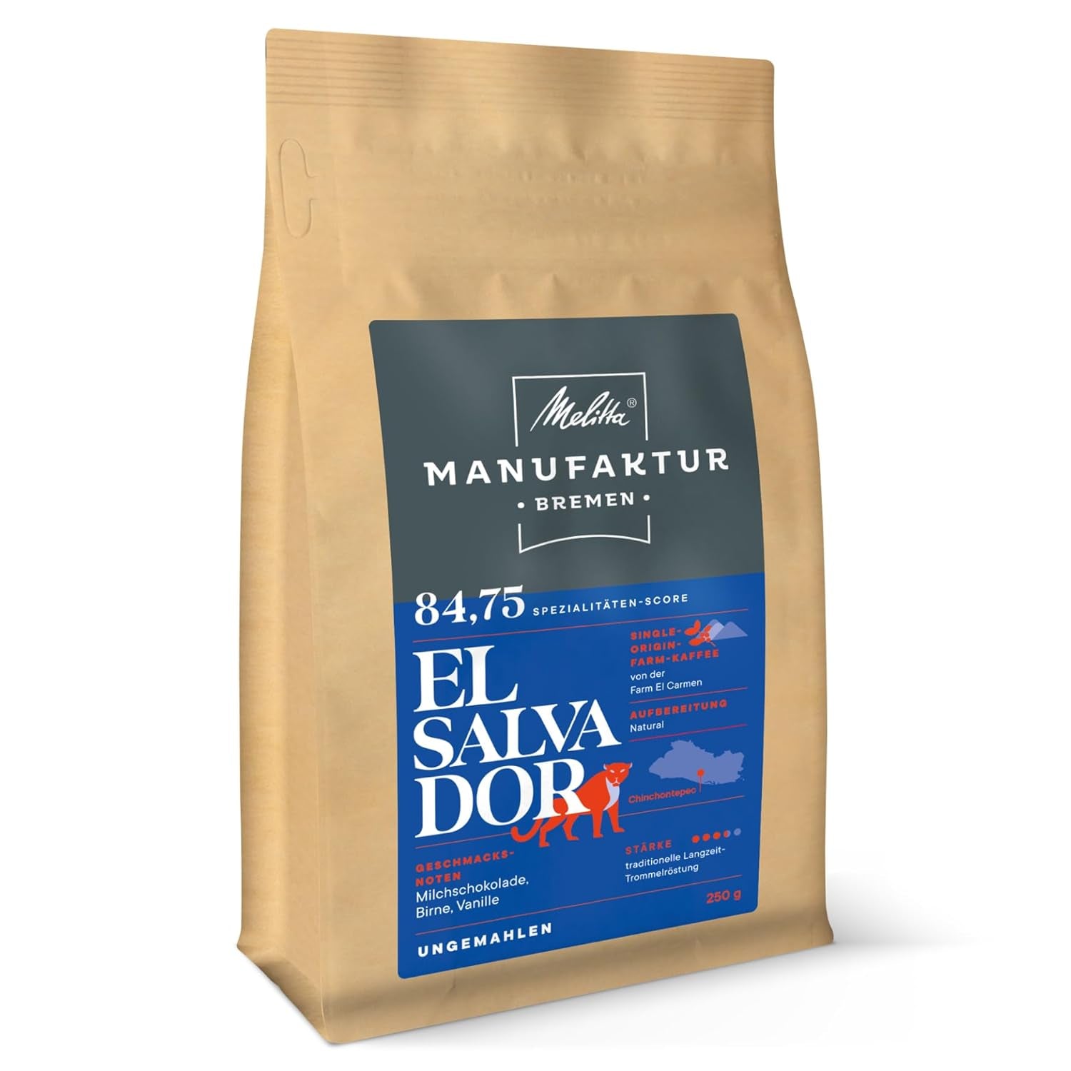 Melitta Manufaktur-Kaffee Guatemala honning, specialkaffe, 250 g, hele kaffebønner, umalet, enkelt oprindelseskaffe, delikat tromleristet, ristet i Tyskland, styrke 3 Naty Shop kaffe 250 gram El Salvador hel bønne