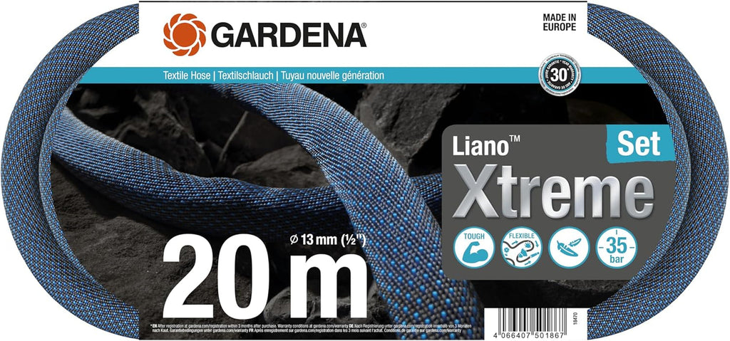 Set Gardena Liano Xtreme 1/2 inch, 20 m: Furtun de grădină extrem de robust din material textil, cu furtun interior din PVC, ușor, rezistent la intemperii (18470-20)