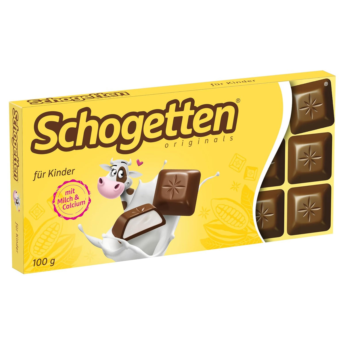 Schogetten til børn, chokoladebar 100g, mælkechokolade med cremet mælkefyld, praktisk portionsanrettet. En delikatesse. Stykke for stykke.