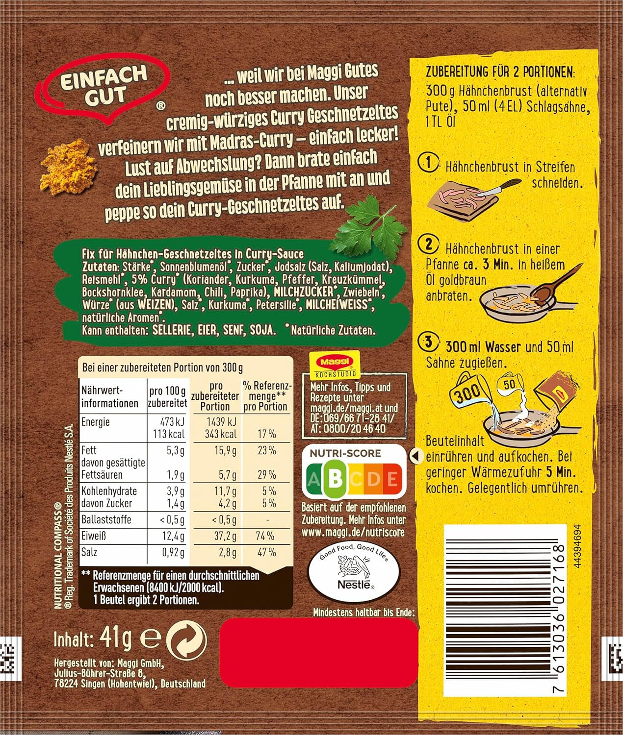 MAGGI Fix für Curry Geschnetzeltes, Würzmischung, mit natürliche Ingredient*, for 2 Portions, 1er Pack (1 x 41g)