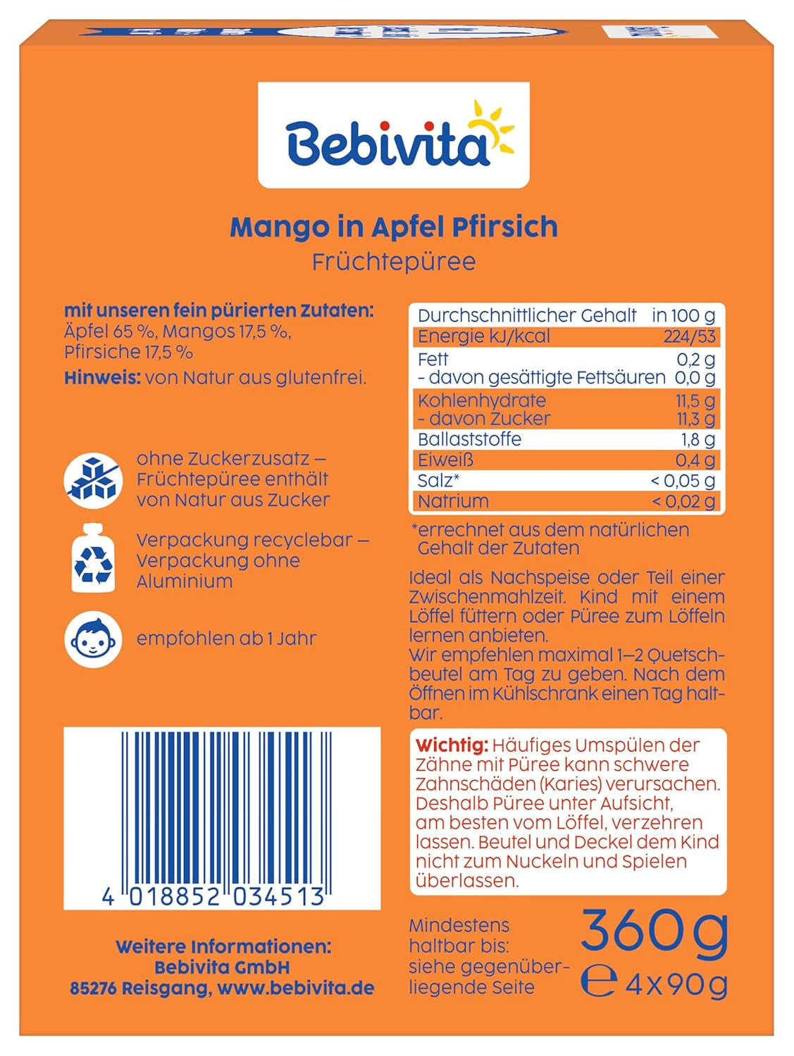 Mango æble fersken klembare poser - 16 pakke (4 pakke, 4 x 90 g hver), uden tilsat sukker, glutenfri, ideel til snacks og på farten