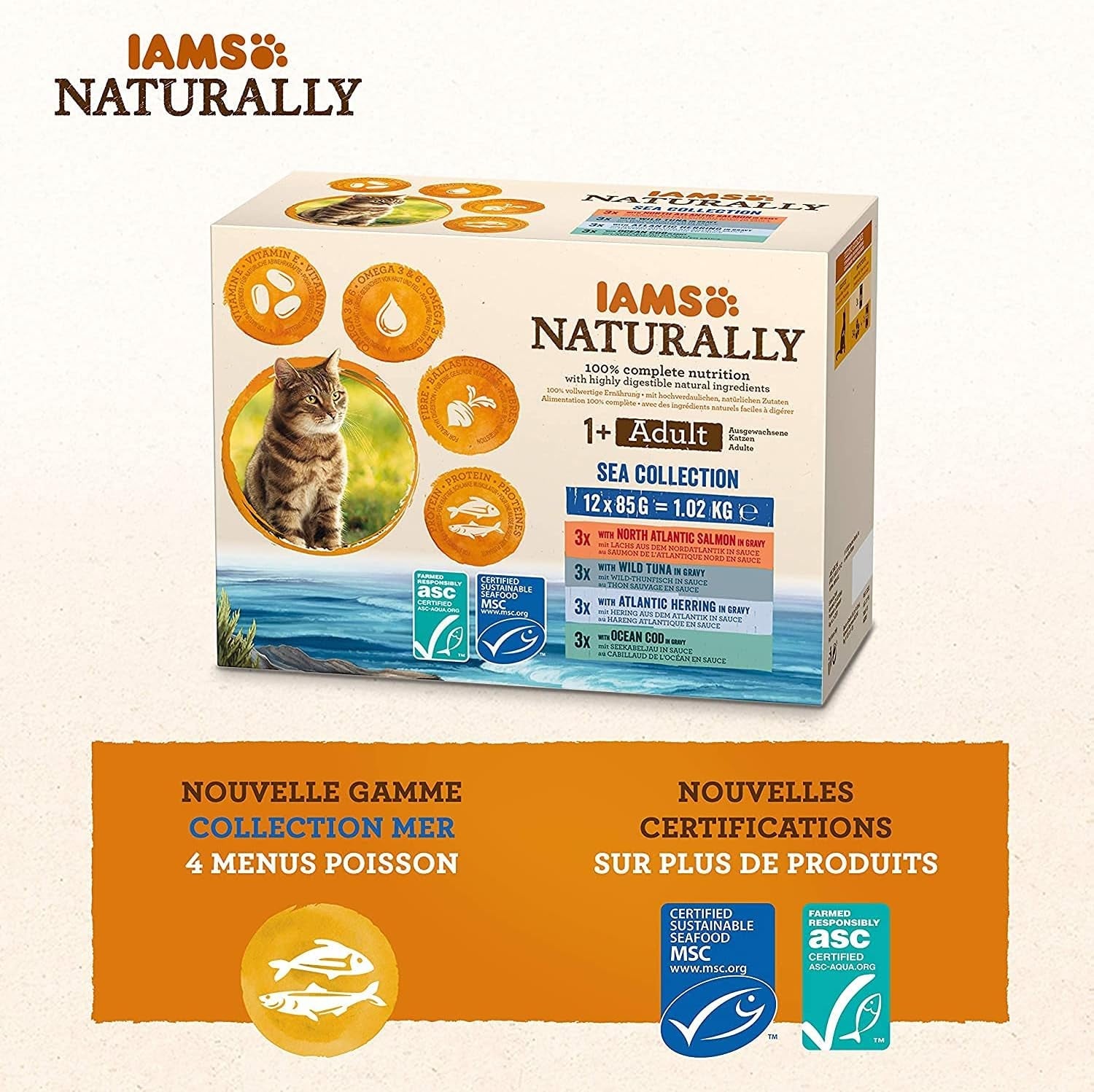 IAMS Hrană umedă naturală pentru pisici în sos - Hrană umedă de înaltă calitate cu pește pentru pisici adulte, Colecția Sea, 12 x 85 g