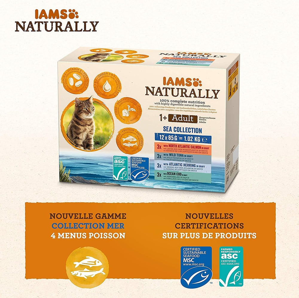 IAMS Hrană umedă naturală pentru pisici în sos - Hrană umedă de înaltă calitate cu pește pentru pisici adulte, Colecția Sea, 12 x 85 g