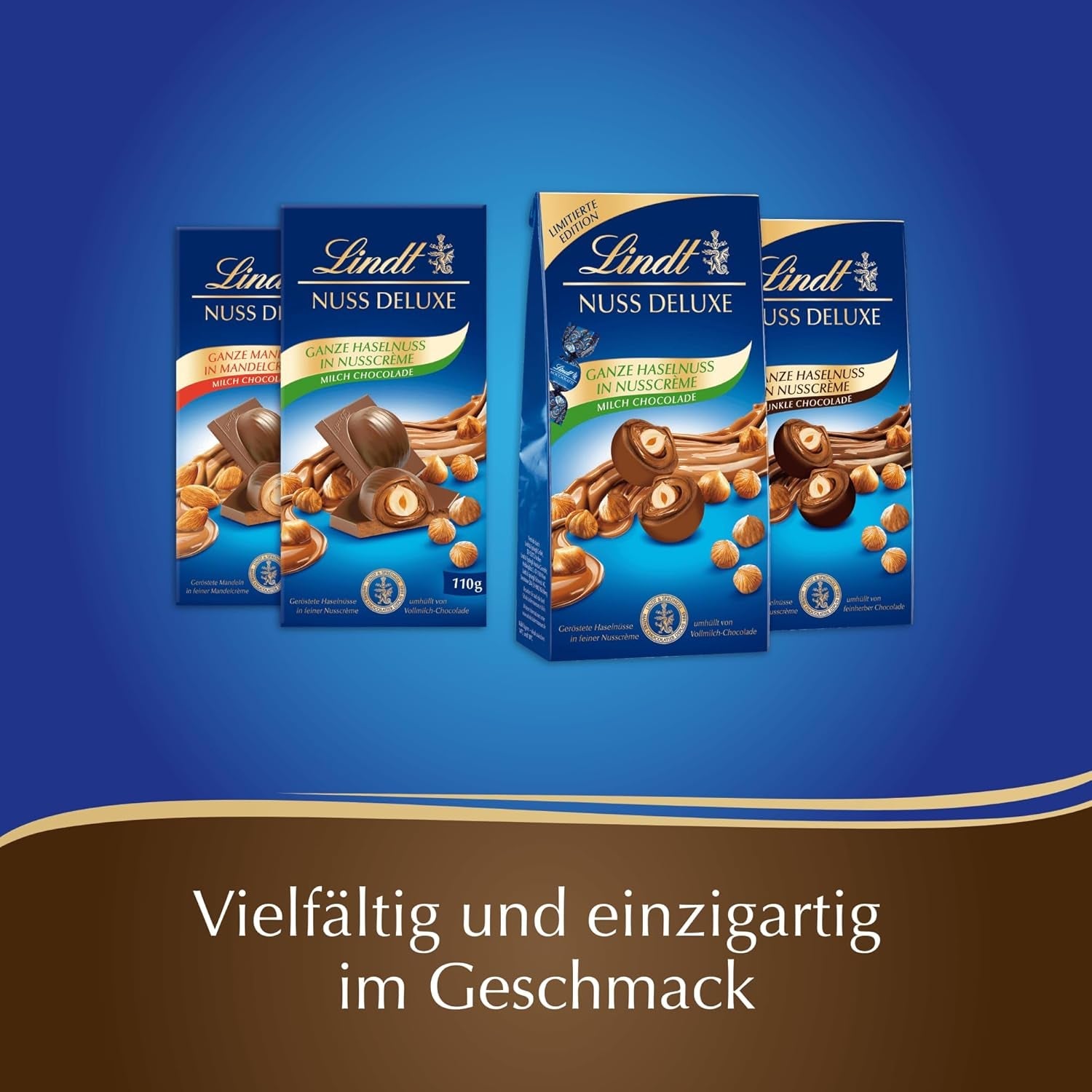 Lindt Chocolate | NUT DELUXE Baton de ciocolată cu lapte și migdale | 110g | Ciocolată cu lapte cu migdale prăjite într-o cremă fină de migdale | Baton de ciocolată